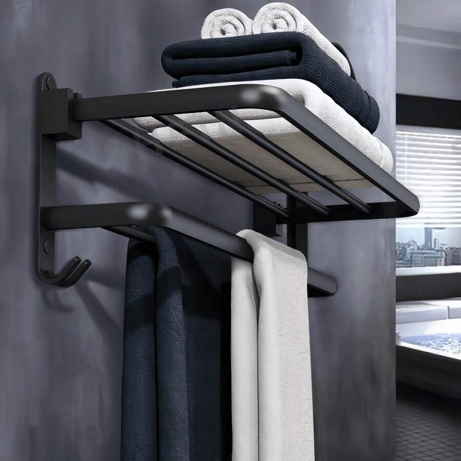 Bathroom Towel Rack, Wall-Mounted Bathroom Shelf, Dual Bars, Foldable, Waterproof And Rust-Proof, Suitable For Storing Towels, Clothes And Jackets, Applicable For Bathroom, Balcony, Hotel, Dormitory And Other Bathroom Accessories