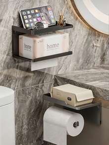 1pc Black/Gray Wall Mount Toilet Paper Holder, No Drill Dual-Use Tissue & Roll Rack For Bathroom Storage, Small Apartment Home Rental, Thick Space Aluminum, Phone Stand, Adhesive Installation, Waterproof Rustproof Toilet Tissue Shelf - Multicolor - View 1