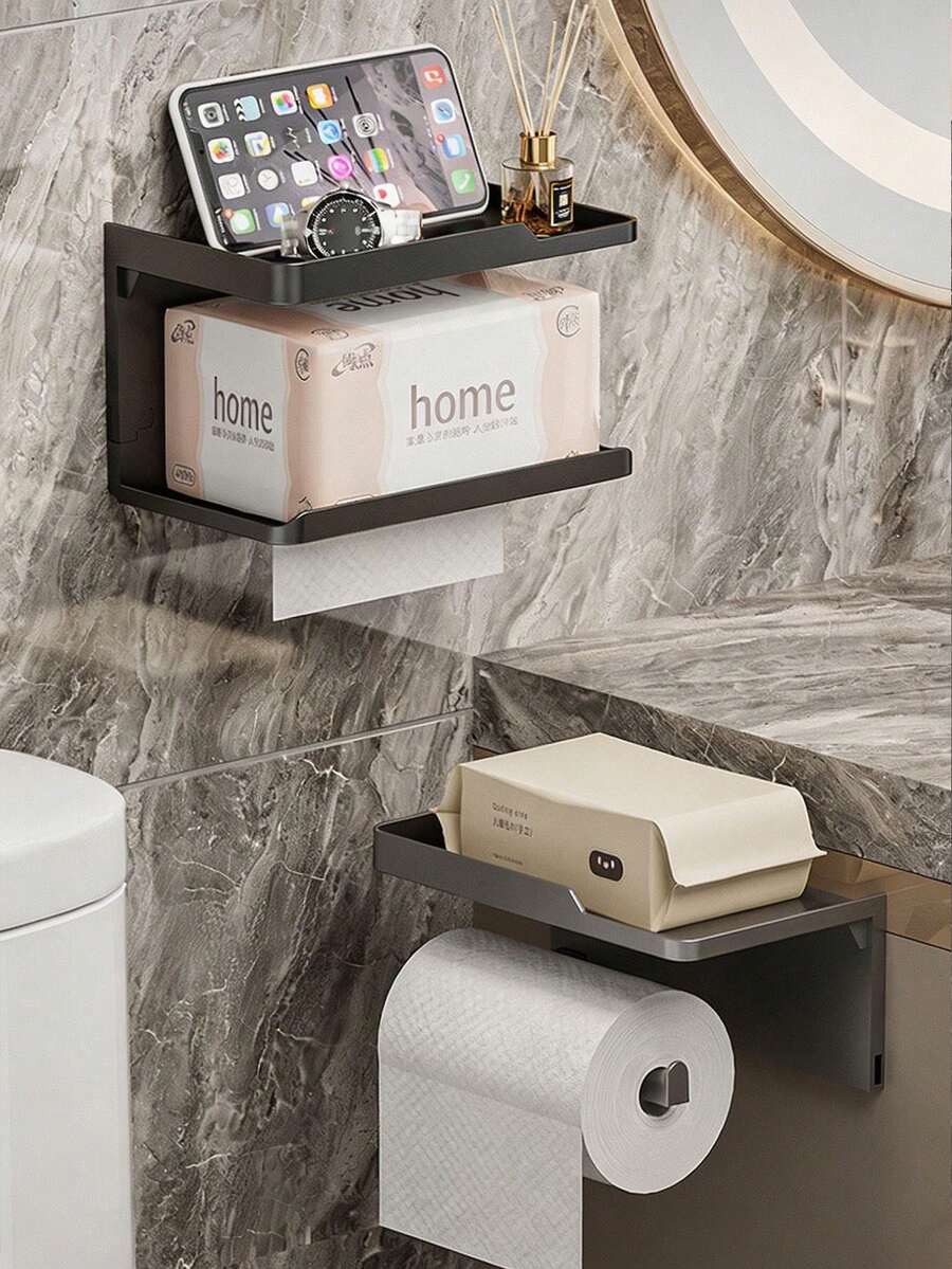 1pc Black/Gray Wall Mount Toilet Paper Holder, No Drill Dual-Use Tissue & Roll Rack For Bathroom Storage, Small Apartment Home Rental, Thick Space Aluminum, Phone Stand, Adhesive Installation, Waterproof Rustproof Toilet Tissue Shelf - Multicolor - View 1