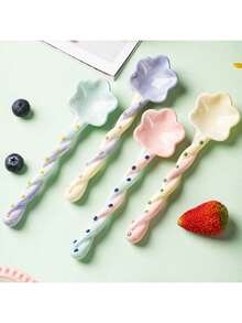 1/2pcs Multi-Color Ceramic Long Handle Soup Spoons, Back To School Tableware, Home Dessert Spoon, Stirring Spoon, Coffee Spoon, Ice Cream Spoon, Cute Flower Design Christmas/Halloween Party Gift - View 5