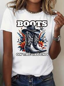 T-Shirt With Cowboy Boot Design, Boots On The Ground, Flowers And Hat, Western Country Style, Casual Women's Clothing - 220g Casual Women's Blouses - 白色 - 查看 1