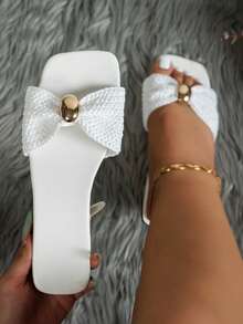 Women's Casual Plus Size Wide Toe Box Flat Sandals With Metal Buckle Decor Square Toe Slip-On Beach Vacation Flat Sandals - White - View 1