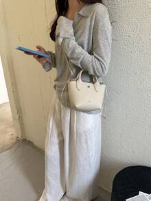 女款水桶手提包 時尚簡約個性通勤購物斜跨包 白色 - 白色 - 查看 4