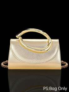 REMANLAND European And American Fashion Metal Decor Mini Box Clutch, Shiny Metal Strip Inlaid, Elegant Luxury Metal Texture Handbag, Paired With Shiny Gold Rhinestone Jewelry 3 Pieces Set, Rhinestone Pendant Necklace, Earrings, Bracelet, Suitable For Evening Occasions - Gold - View 13