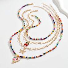 JOJELOO 1pc Bohemian Multi-Color Beaded Layered Necklace Set, Cherry Starfish Heart Pendant Stackable Elegant Women's Jewelry - Style 1 - View 6