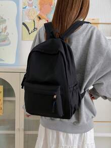 女款極簡黑色尼龍後背包，輕量防水商務通勤日常使用，多口袋大容量休閒後背包，適合辦公室、工作、旅行、學校 - 黑色 - 查看 6