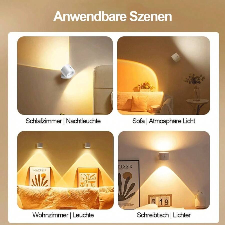 Drehbare, Aufladbare Wandleuchte, Frei Montierbare Bettkopfleuchte, Dreifarbige Einstellbare Helligkeit, Heimdekorlampe, Umgebungsbeleuchtung, Festivaldekorationslampe, Geeignet Für Schlafzimmer, Wohnzimmer, Küche - WEISS - Übersicht 1