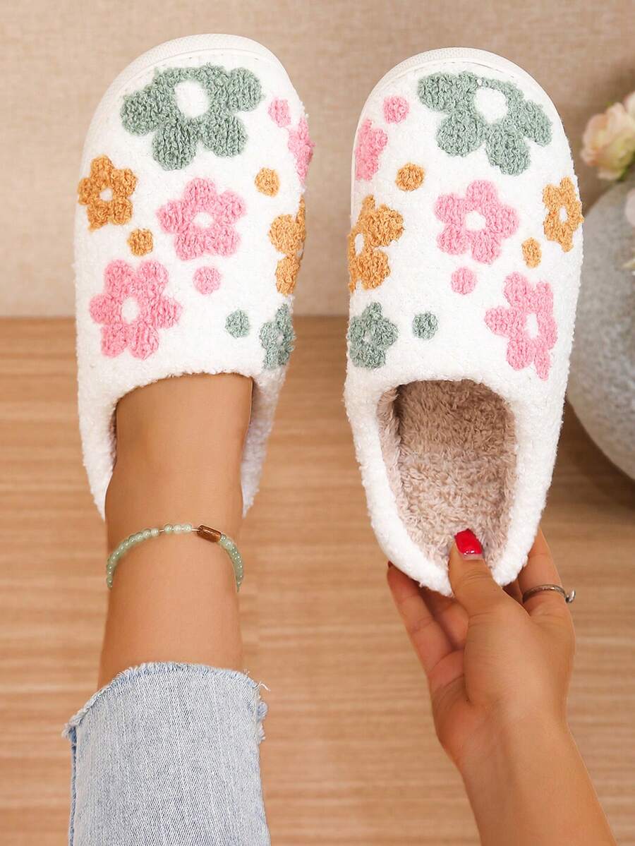 白色時尚可愛花卉圖案柔軟舒適防滑耐磨居家拖鞋保暖冬季套腳女鞋 - 白色 - 查看 1