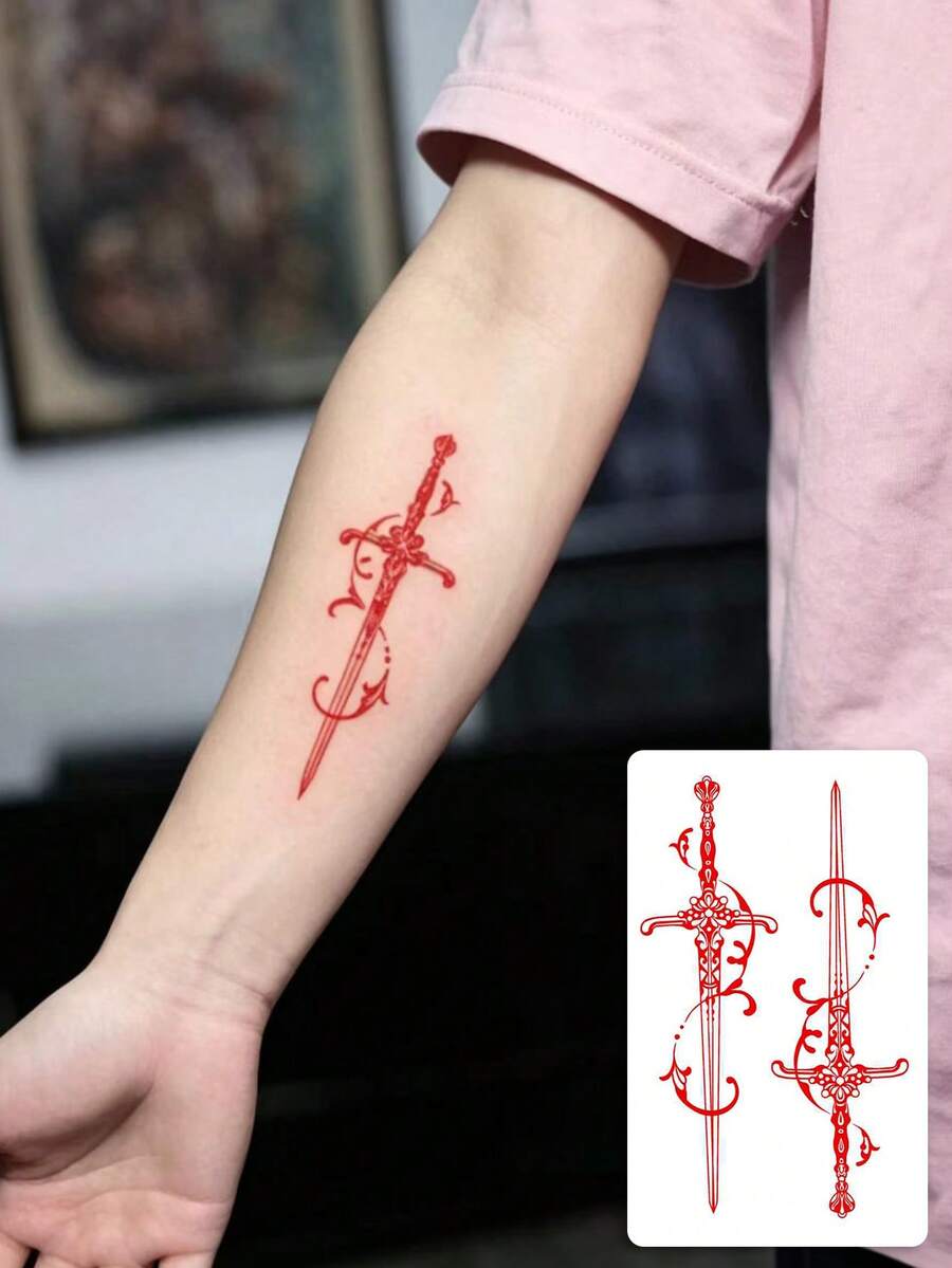 1pc Men's Gothic Dark Temporary Tattoos, Black Skull Snake Design, Waterproof Sweatproof, Fit Hand Finger Leg Neck - Red - View 1