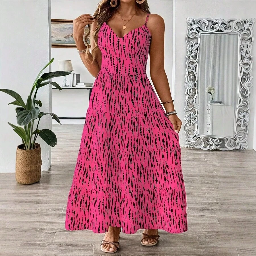 Vestido largo estilo color-block para mujer / Conjunto para vacaciones en la playa - Rojo - Ver 1
