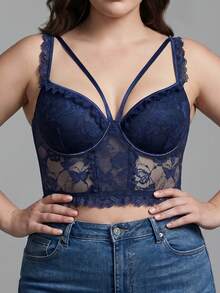 Plus Size Women's Butterfly Lace Bra With Criss-Cross Back Tie - Royal Blue - View 1