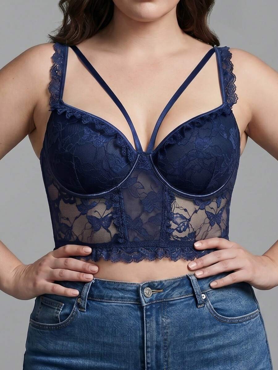 Plus Size Women's Butterfly Lace Bra With Criss-Cross Back Tie - Royal Blue - View 1