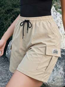 Women's Drawstring Waist Cargo Casual Versatile Daily Outing Shorts Summer - Khaki - View 4