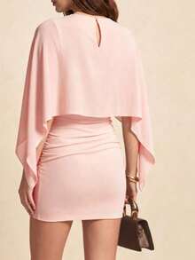 Vestido mini 2 en 1 de unicolor con mangas de murciélago y empalme, ligero, para citas nocturnas, vacaciones, fiestas de cumpleaños y uso diario - Granate - Ver 1