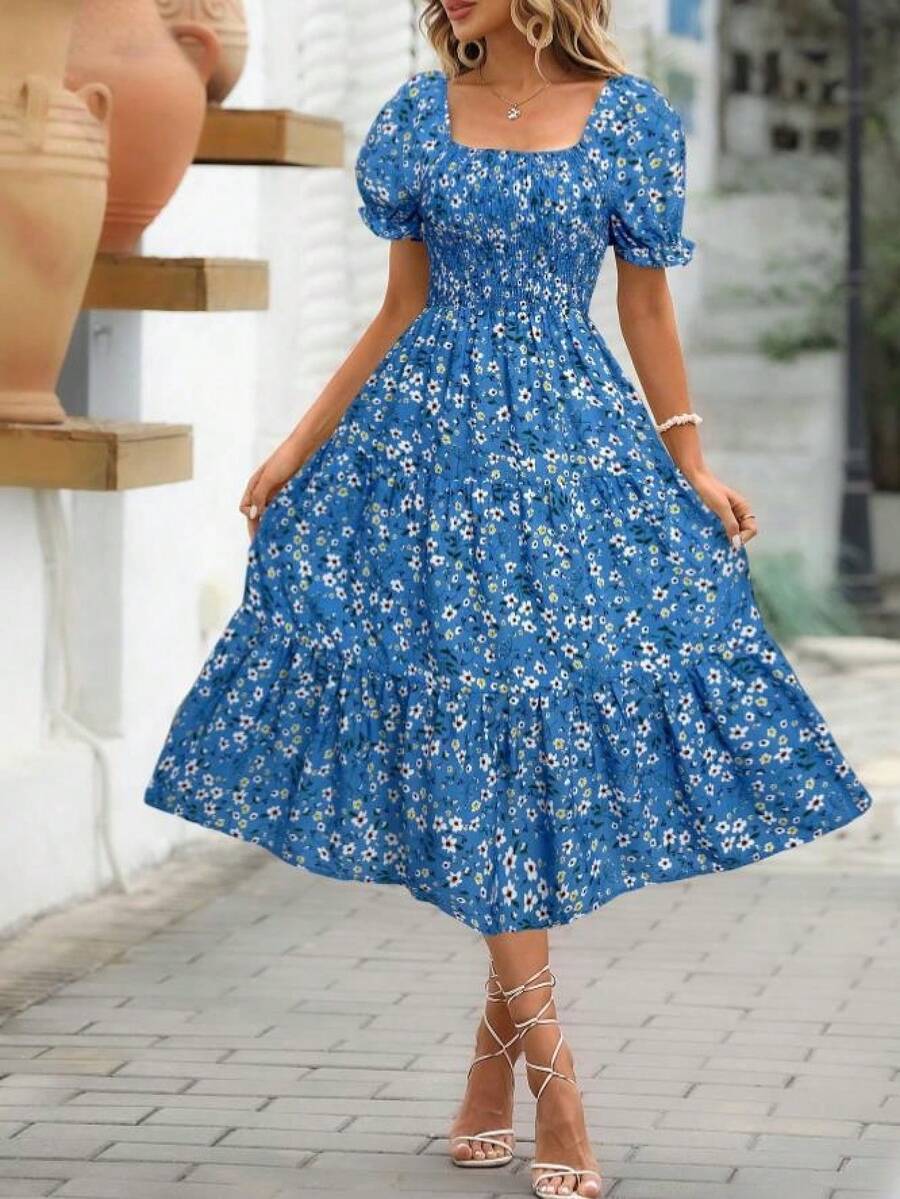 Women's Printed Dress With Square Neck, Fitted Waist And Layered Puff Sleeves, In A Sweet Style. - 藍色 - 查看 1