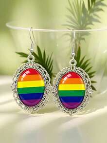 驕傲月彩虹旗吊墜耳環，復古鏤空銀色橢圓鉤耳環，LGBTQ 支持配件禮物 - 銀色 - 查看 6
