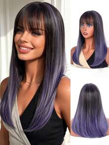 20 Inch Dual-Tone Black & Gold Straight Wig With Bangs, Synthetic Fiber Black & Gold Wavy Bangs Wig, Suitable For Women's Daily Wear, Party, Cosplay, Halloween - Multicolor - View 10