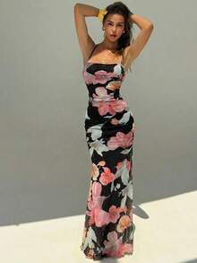 Elegant Women's Dress With Floral Print And Open Back, Summer Clothes, Beach Outfits For Women, Beach Vacation Clothes, Party Outfits, Bridesmaids - 黑色 - 查看 3