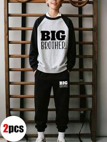 2pcs/Set Tween Boys Round Neck Raglan Sleeve Printed Sweatshirt And Simple Casual Sports Pants, Autumn/Winter New Boys Outfit - Multicolor - View 1