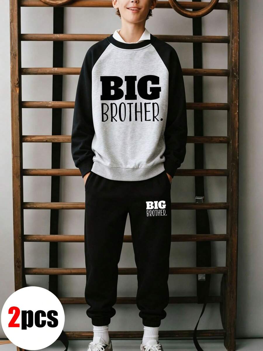 2pcs/Set Tween Boys Round Neck Raglan Sleeve Printed Sweatshirt And Simple Casual Sports Pants, Autumn/Winter New Boys Outfit - Multicolor - View 1