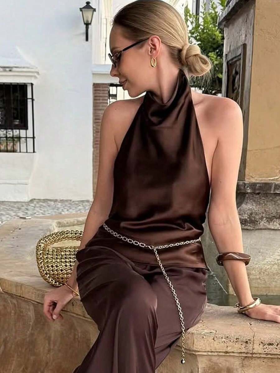 Top de tirantes de satén para mujer, top corto sin mangas estilo Y2K, lindo estilo callejero, camiseta sin espalda amarilla para verano casual - Rojo violeta - Ver 1