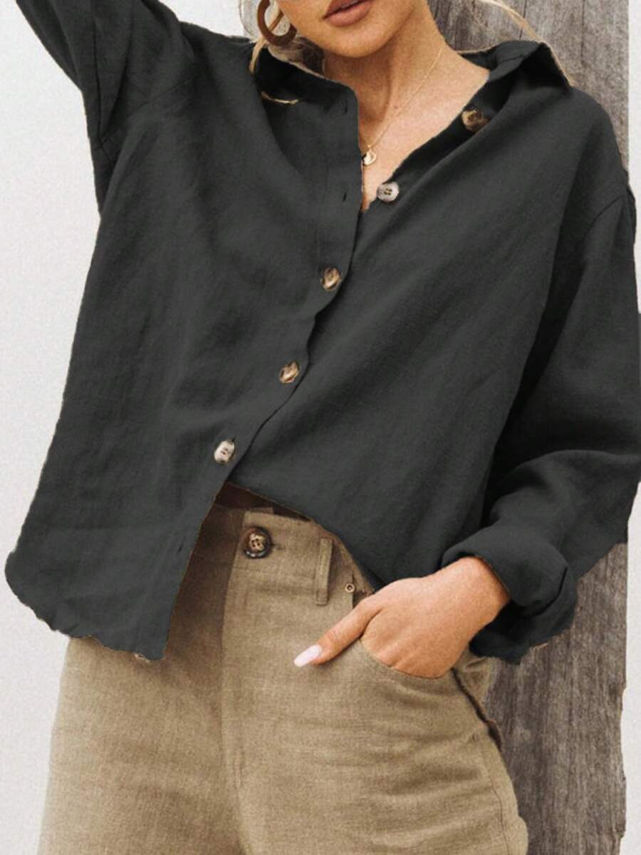 Spring/Summer 2026, European And American Fashion, Women's Loose Fit Long Sleeve Shirt With Reversible Collar In Cotton And Linen - 黑色 - 查看 1