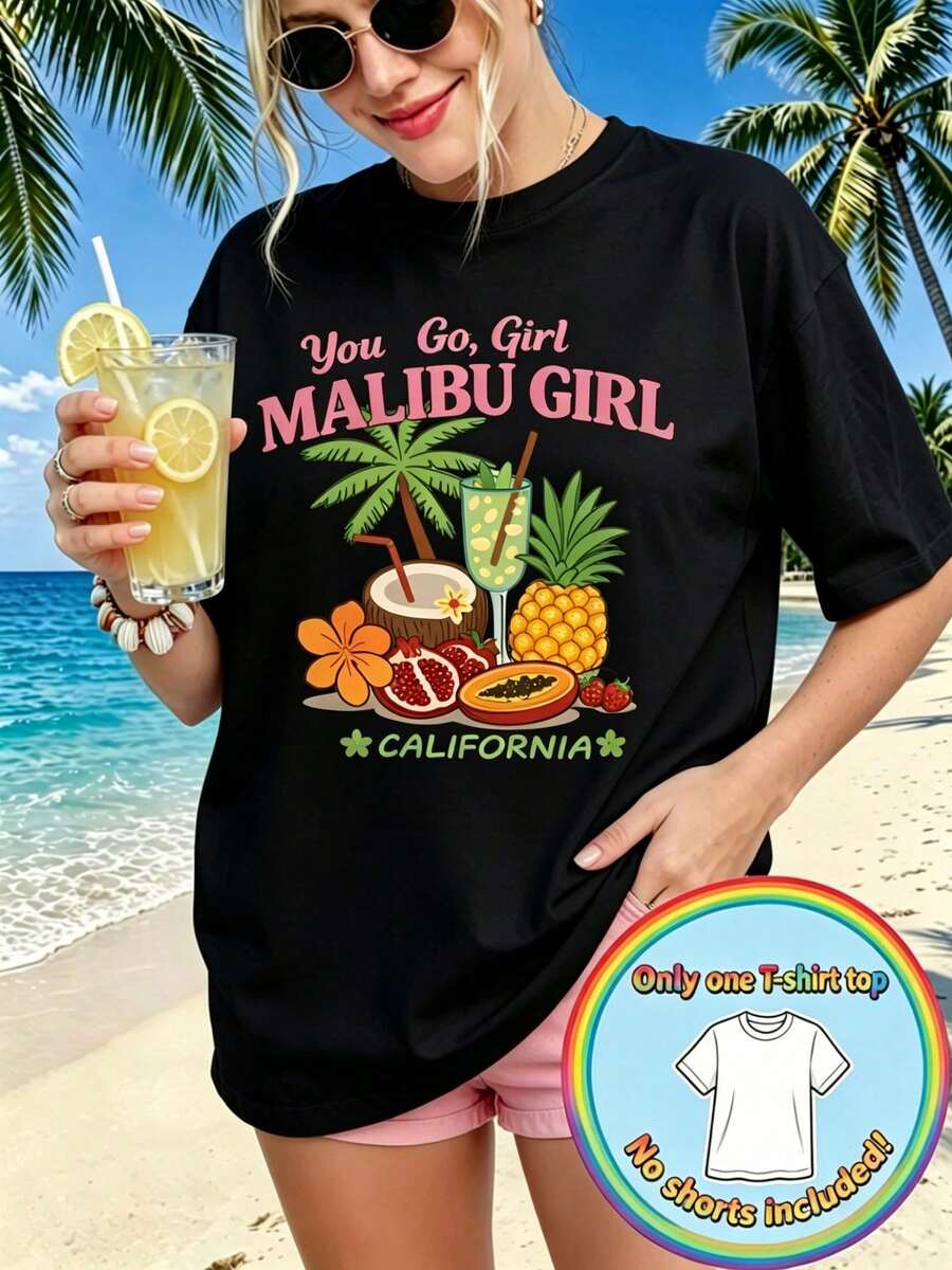 Y2K Style Women's Cotton T-Shirt, 1 Piece Of Plus Size Women's Summer Clothing, With "You Go, / MALIBU / CALIFORNIA" Print And California Tropical Fruit Motifs. - 黑色 - 查看 1
