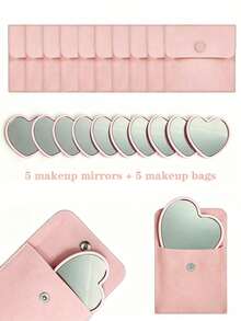8/4/2pcs Heart-Shaped Makeup Mirror And Makeup Bag Set, Pink Glass Makeup Mirror With Elegant Makeup Bag, Portable Makeup Mirror Set, Suitable For Women, Party Gift, Women's Birthday, Holiday Gift, Bridal Gift, Back To School, Home Decor, Home Supplies, Household Essentials, Gift For Women, Gift For Men, Gift For Mother, Gift For Father, Gift For Grandfather, Gift For Grandmother - Multicolor - View 3