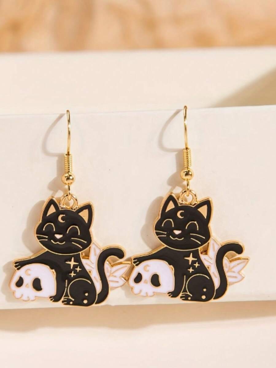 1 Paar minimalistische elegante Katzen- & Regenschirm-Ohrringe mit verspieltem schwarzem Katzen-Charm-Anhänger, Damen-Ohrringe, Damenschmuck - Verschiedenfarbig - Übersicht 1