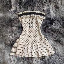 Vestido corto ajustado sin tirantes, con lazo, lunares y estilo, para chicas sensuales y atrevidas - Negro - Ver 4