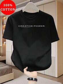 Men's Short-Sleeved Cotton T-Shirt With Letter Print, Casual Crew Neck, Breathable Sports Top, Comfortable And Regular Fit,  Streetwear, Ideal Gift. GT1 - 黑色 - 查看 2