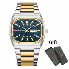 男士手錶 40mm 方形錶殼 雙日曆錶盤 雙色不鏽鋼錶帶 螢光刻度 奢華商務風 時鐘 3Bar 防水等級 適合日常生活防水需求，男士節日禮物，日常通勤裝飾，正式場合搭配，戶外運動 VA VA VOOM 品牌原裝男士腕錶 - 藍色 - 查看 11