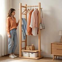 Double Layer Angled Clothes Rack, Space Saving, Ideal For Storing Clothes And Accessories, Sturdy And Modern Design (Brown) - Natural Wood Color - View 6