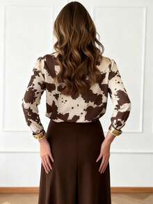 Elegant And Casual All-Over Print Long-Sleeved Satin Blouse With Color Blocking, Suitable For All Seasons, Perfect For Spring Work. - Brown and White - View 1