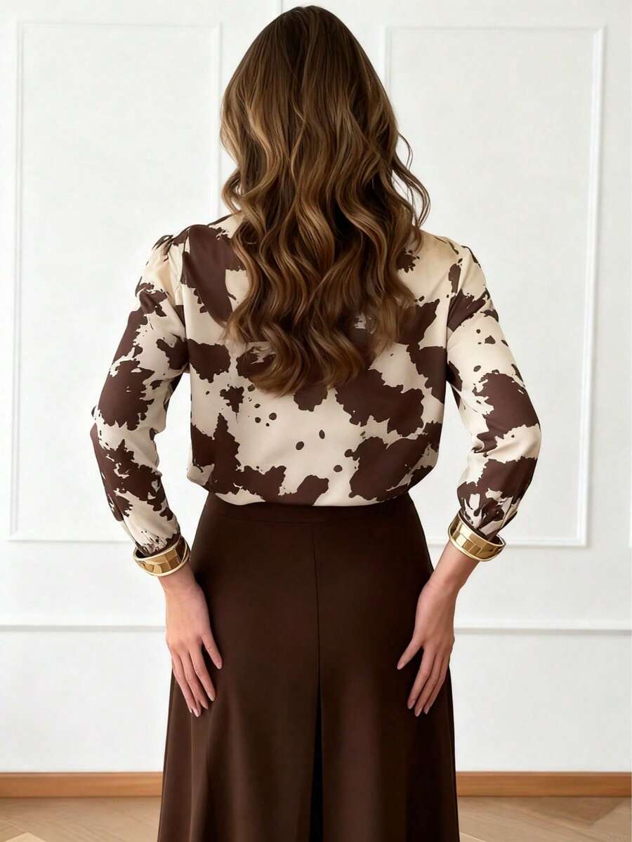 Elegant And Casual All-Over Print Long-Sleeved Satin Blouse With Color Blocking, Suitable For All Seasons, Perfect For Spring Work. - Brown and White - View 1