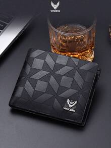 VINCESS Men's Genuine Leather Business Wallet, RFID Blocking, Made Of Top Grain Cowhide Leather, Fashionable Geometric Pattern Design. It Features Multiple Card Slots And Transparent ID Card Window, Perfect For Daily Use And Travel, An Ideal Gift For Men. - Black - View 3