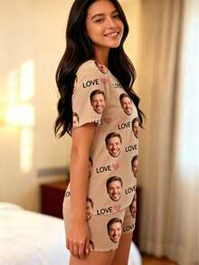 1件女款客製化臉部與文字睡衣套裝，黑色，附個人化臉部、LOVE與粉色愛心印花，柔軟面料，休閒風格，居家穿著理想之選 - 駝色 - 查看 4