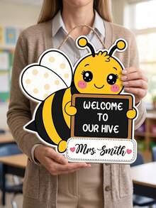 1件個性化自定義文字蜜蜂主題教師門掛飾牌，卡通「Welcome To Our Hive」木製裝飾牌，易掛麻繩設計，返校季，給早期教育者的節日禮物，學校教室托兒所牆面門飾 - 彩色 - 查看 6