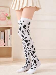 Women's White Over-The-Knee Socks, Black Cow Print, Soft Elastic Long Socks, Suitable For Cute Daily Wear - White - View 4