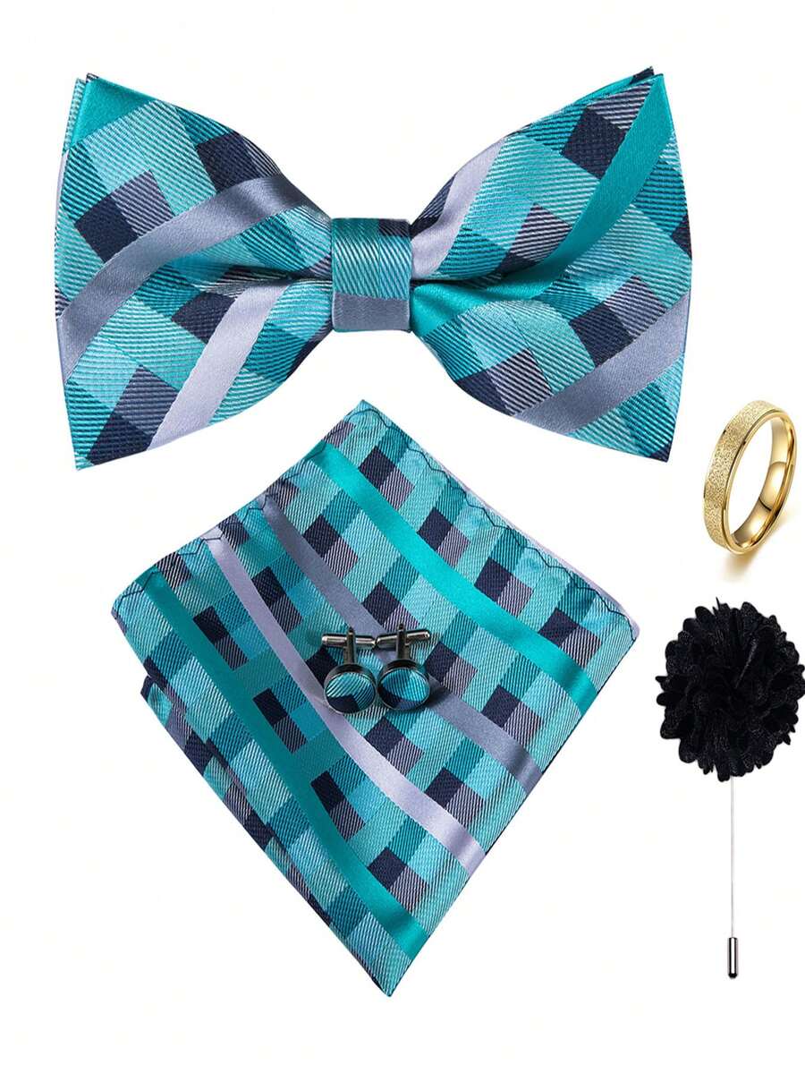 5Pcs Teal Plaid Men Accessory Set, Bow Tie Pocket Square Cufflinks Brooch Detachable Ring, Random Cufflink Patterns, Suit Accessories For Wedding - Cadet Blue - View 1