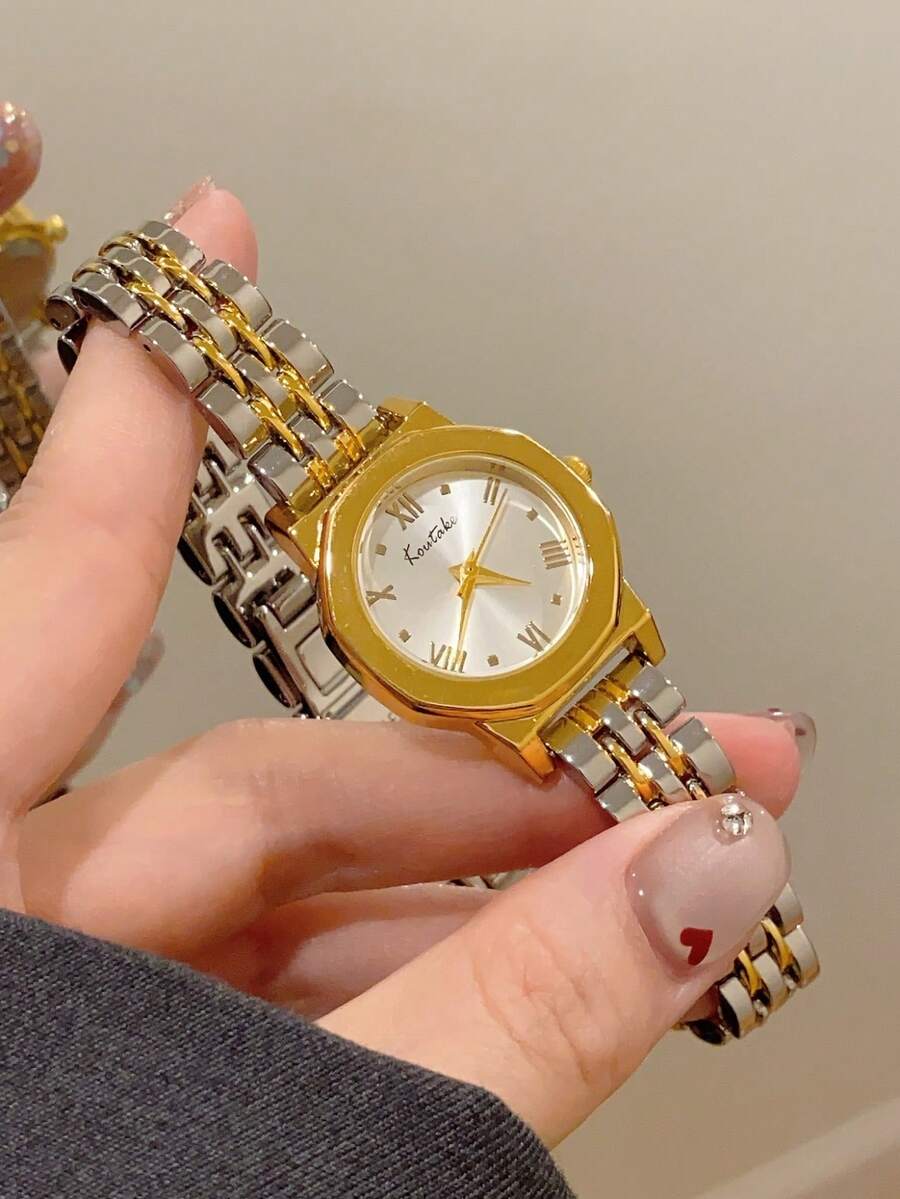 1件復古銀色不鏽鋼方形小錶盤女款手錶,時尚優雅石英腕錶,適合日常配戴 - 銀間金 - 查看 1