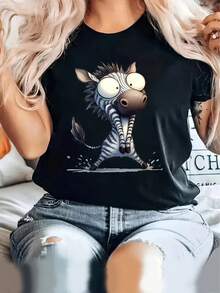 Pure Cotton T-Shirt, Surprise Zebra Print, Stylish Women's Clothing, Curvy Women's Clothing, Cute Outfits, Sexy, Women's Vacation Wear, Cosplay, Many Koreans Bought It - 黑色 - 查看 2