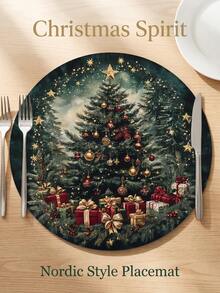 2 Pieces/4-Piece 6-Piece Vintage Christmas Tree Circular Placemat, Pink Bow Placemat, Farmhouse Christmas Table Decoration, Washable Kitchen Placemat, And Cute And Joyful Home Decor, Perfect For Creating A Warm Winter Christmas Dining Atmosphere. - Multicolor M09 - View 1