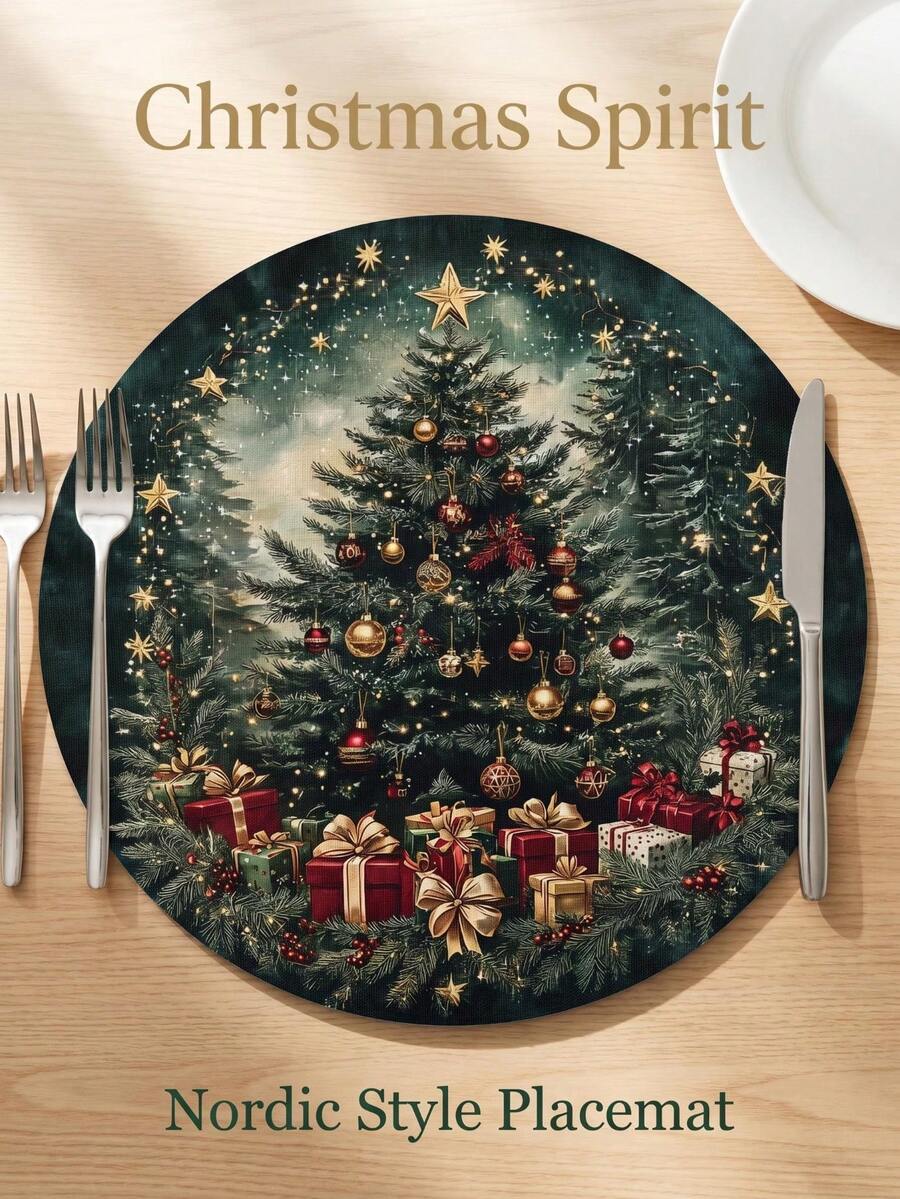 2 Pieces/4-Piece 6-Piece Vintage Christmas Tree Circular Placemat, Pink Bow Placemat, Farmhouse Christmas Table Decoration, Washable Kitchen Placemat, And Cute And Joyful Home Decor, Perfect For Creating A Warm Winter Christmas Dining Atmosphere. - Multicolor M09 - View 1
