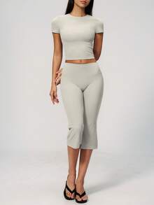 TimeOff Women's One Set Solid Color Round Neck Cropped Short Sleeve Flared Mid-Length Pants Sports Outfit - Grey - View 6