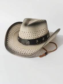 Unisex Gradient Hollow Western Cowboy Straw Hat Wide Brim Sun Hat With Bull Head Buckle X Rivets Wind Chin Strap Vintage Outdoor Beach Fedora Hat - Permed Straw Hat X Cow - View 10