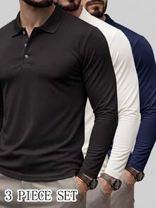 Set 3 Potong Kaos Polo Lengan Panjang Pria Polos, Model Dasar Bisnis Kasual dengan Kerah. - Hitam - View 1