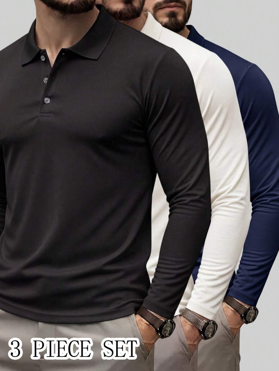 Set 3 Potong Kaos Polo Lengan Panjang Pria Polos, Model Dasar Bisnis Kasual dengan Kerah. - Hitam - View 1