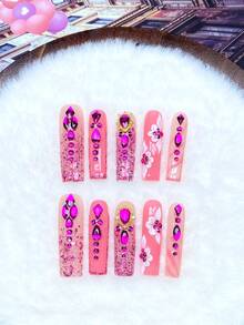 10pcs Nude Pink To Magenta Gradient Sequin Long Press-On Nails, 3D White Flower With Gold Frame Magenta Rhinestone Glossy Fake Nails, Suitable For Summer Vacation, Graduation Prom, World Cup Match Day Party And Daily Wear, Includes 1pc Jelly Glue + 1pc Mini Nail File - Hot Pink - View 2