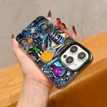 1 pieza Funda de teléfono con patrón de carreras en negro & plata compatible con teléfonos Apple - Multicolor - Ver 4